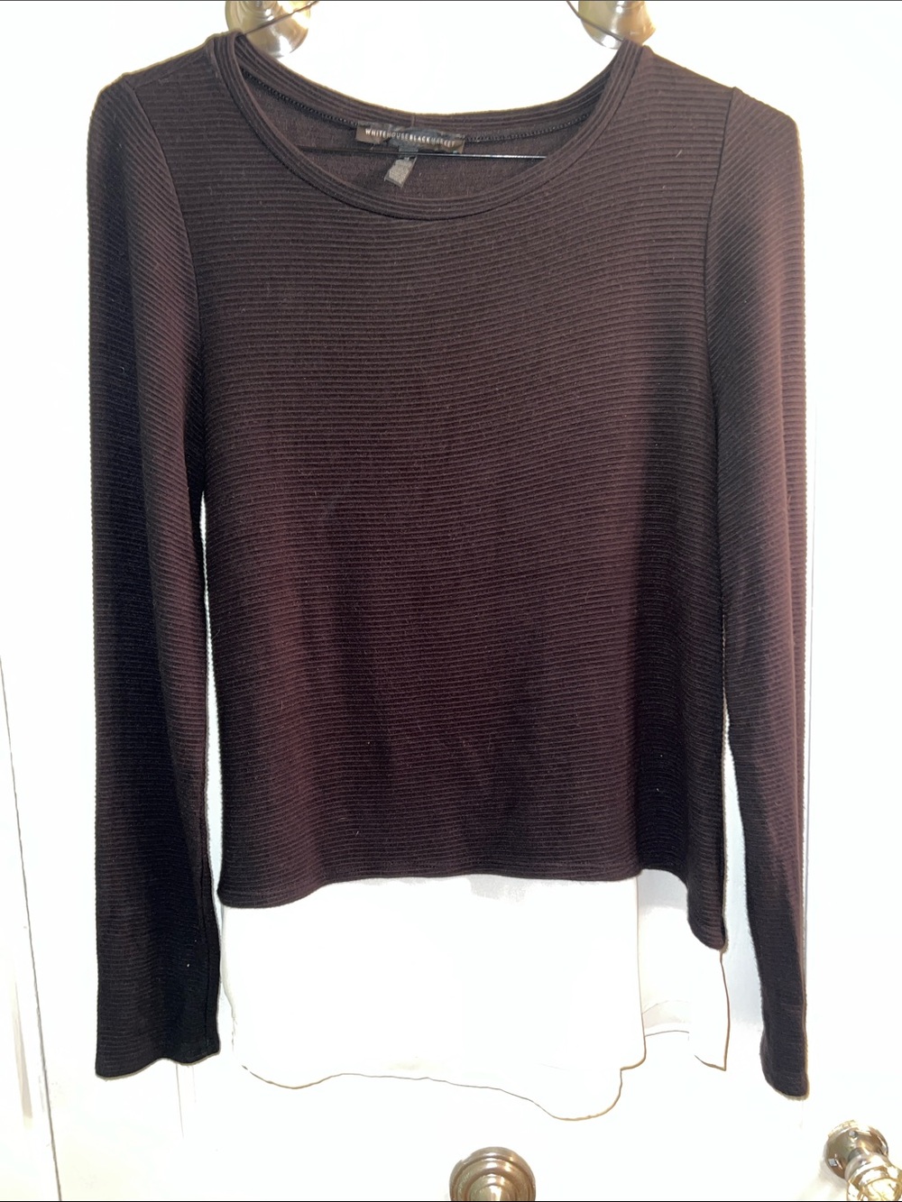 White House Black Market Black Ribbed Long-Sleeve Layered-Hem Top